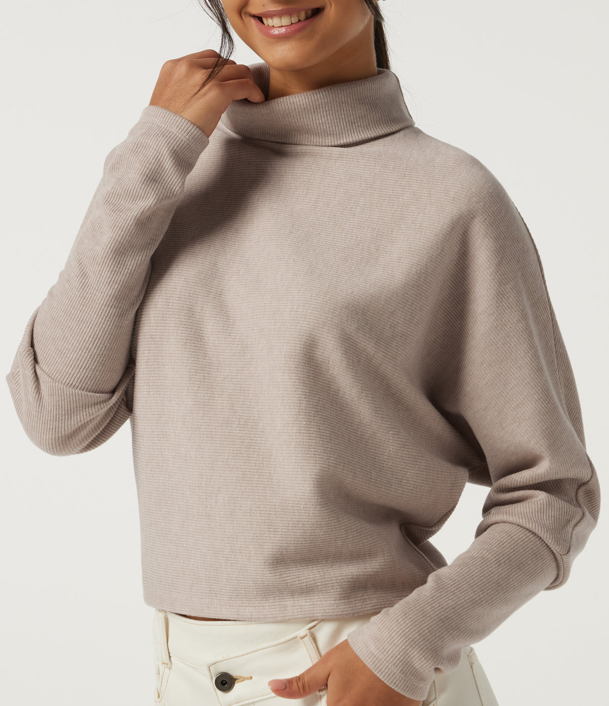 Ribbed High Neck Batwing Long Sleeve Casual Top — Oatstone Beige — view 5