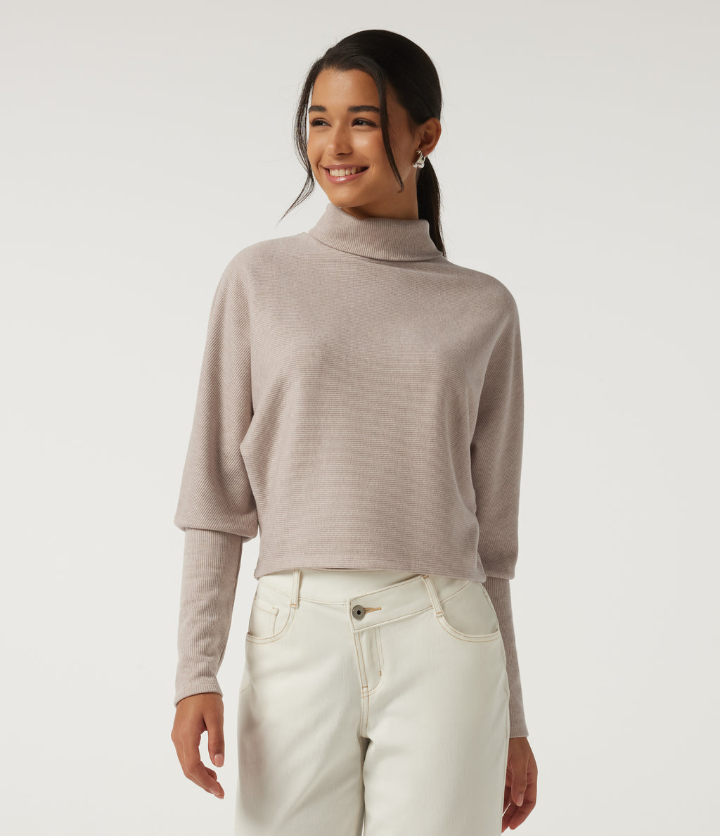 Ribbed High Neck Batwing Long Sleeve Casual Top — Oatstone Beige — view 4