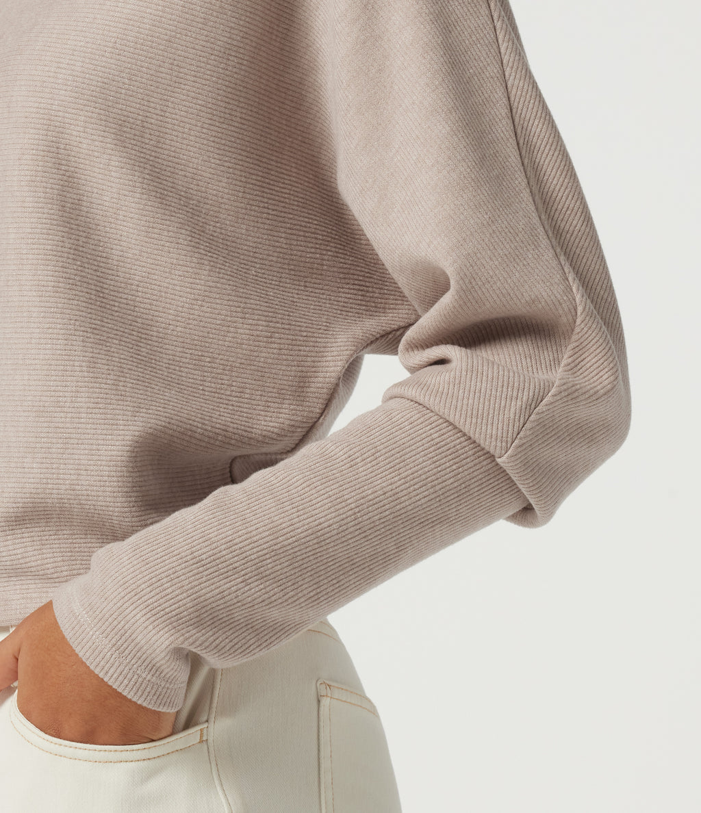 Ribbed High Neck Batwing Long Sleeve Casual Top — Oatstone Beige — view 6
