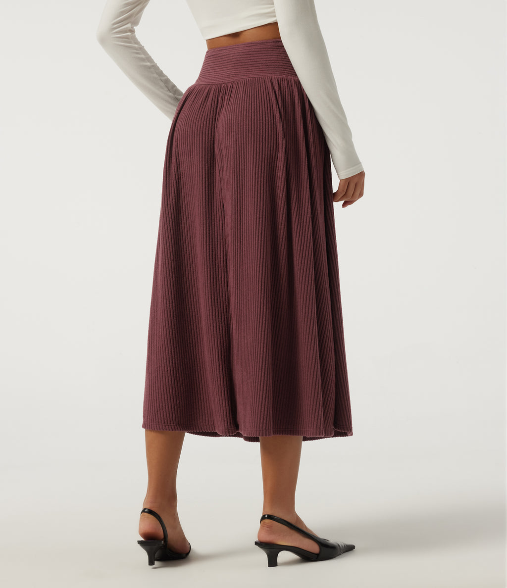 Ribbed Knit High Waisted A-Line Casual Midi Skirt with Pockets — Cozy Burgundy — view 2