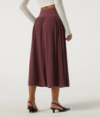 Ribbed Knit High Waisted A-Line Casual Midi Skirt with Pockets — Cozy Burgundy — view 2