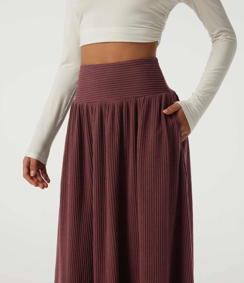 Ribbed Knit High Waisted A-Line Casual Midi Skirt with Pockets — Cozy Burgundy — view 4