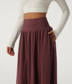 Ribbed Knit High Waisted A-Line Casual Midi Skirt with Pockets — Cozy Burgundy — view 4
