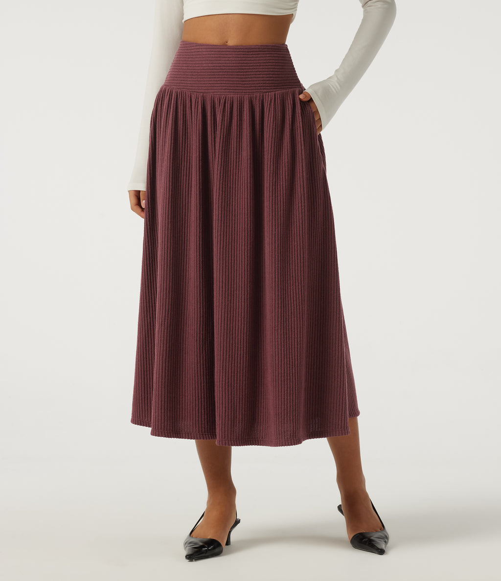 Ribbed Knit High Waisted A-Line Casual Midi Skirt with Pockets — Cozy Burgundy — view 1
