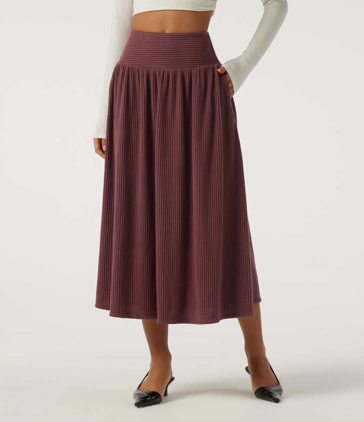 Ribbed Knit High Waisted A-Line Casual Midi Skirt with Pockets — Cozy Burgundy — view 1