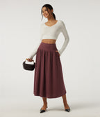 Ribbed Knit High Waisted A-Line Casual Midi Skirt with Pockets — Cozy Burgundy — view 5