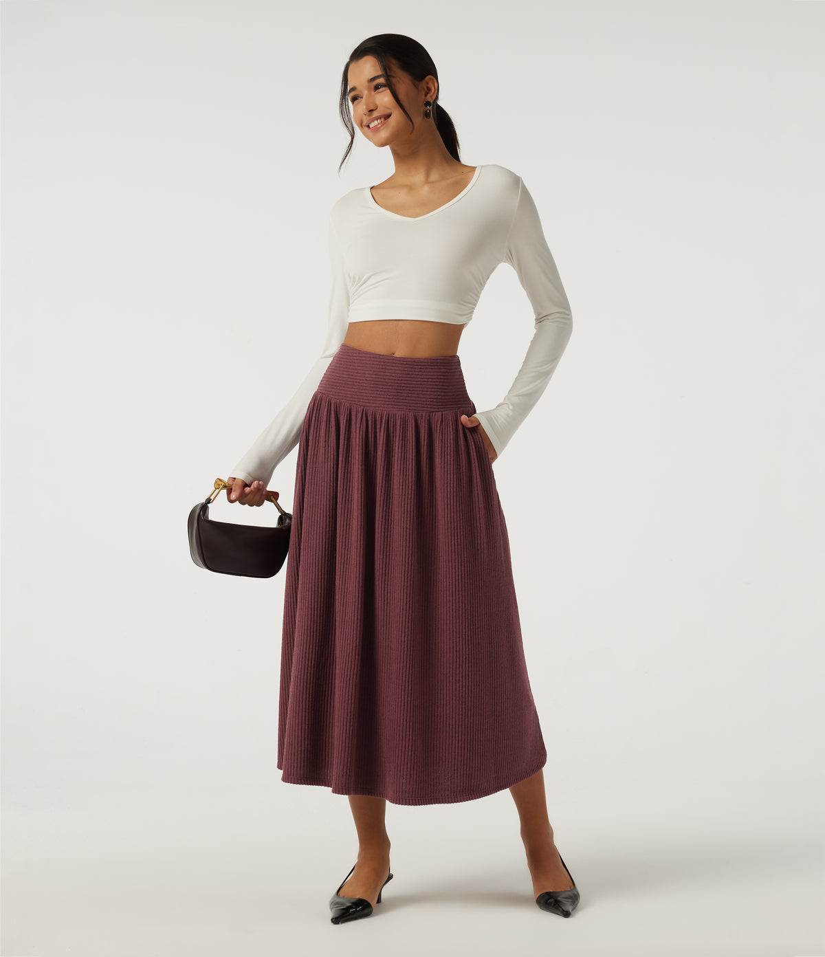 Ribbed Knit High Waisted A-Line Casual Midi Skirt with Pockets — Cozy Burgundy — view 5
