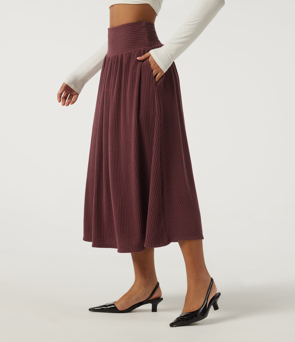 Ribbed Knit High Waisted A-Line Casual Midi Skirt with Pockets — Cozy Burgundy — view 3