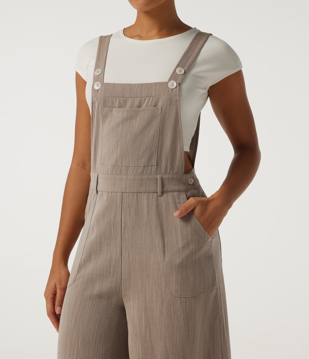 Square Neck Wide Leg Linen-Feel Casual Dungarees with Pockets — Caramel Beige — view 4