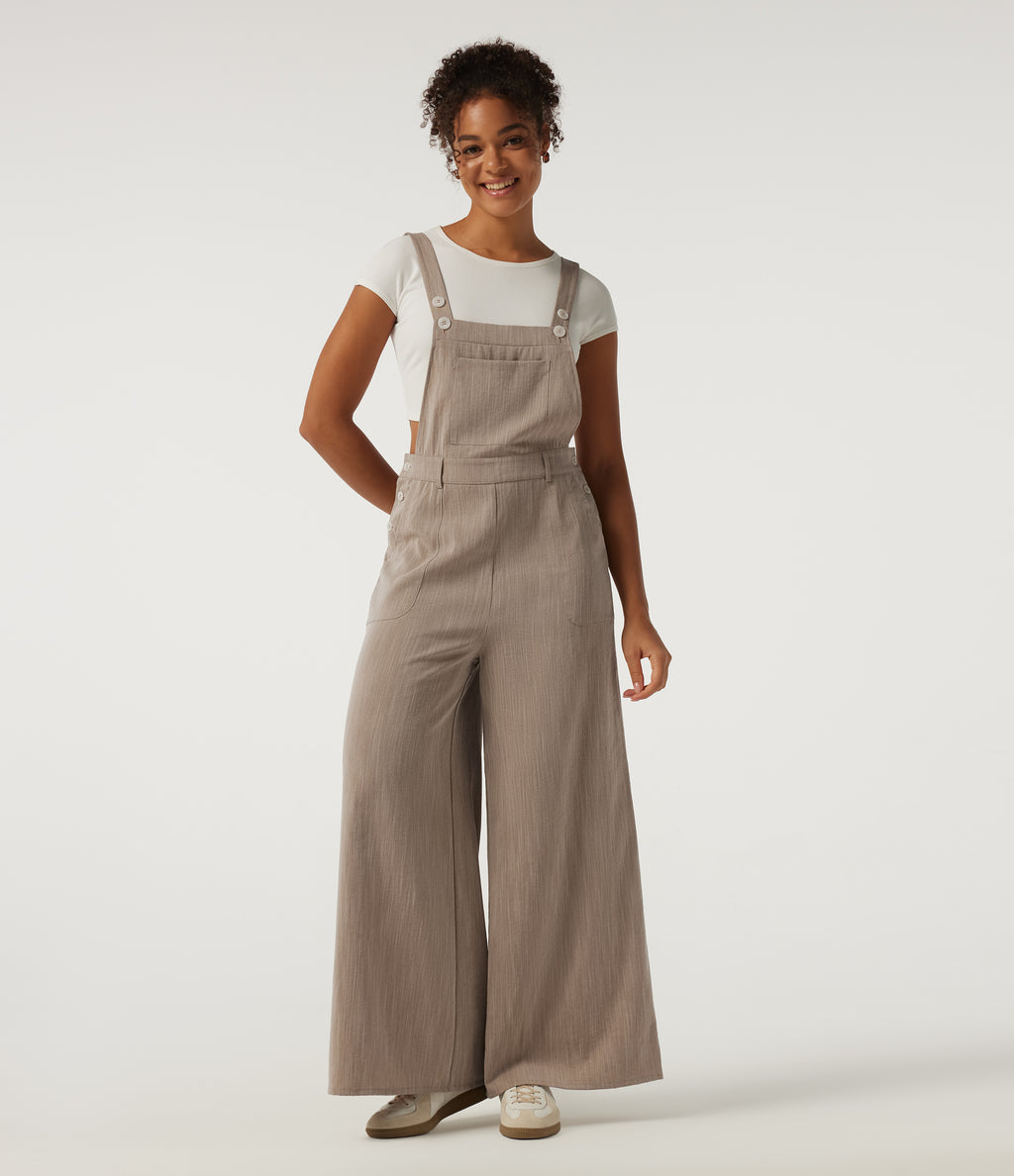 Square Neck Wide Leg Linen-Feel Casual Dungarees with Pockets — Caramel Beige — view 1