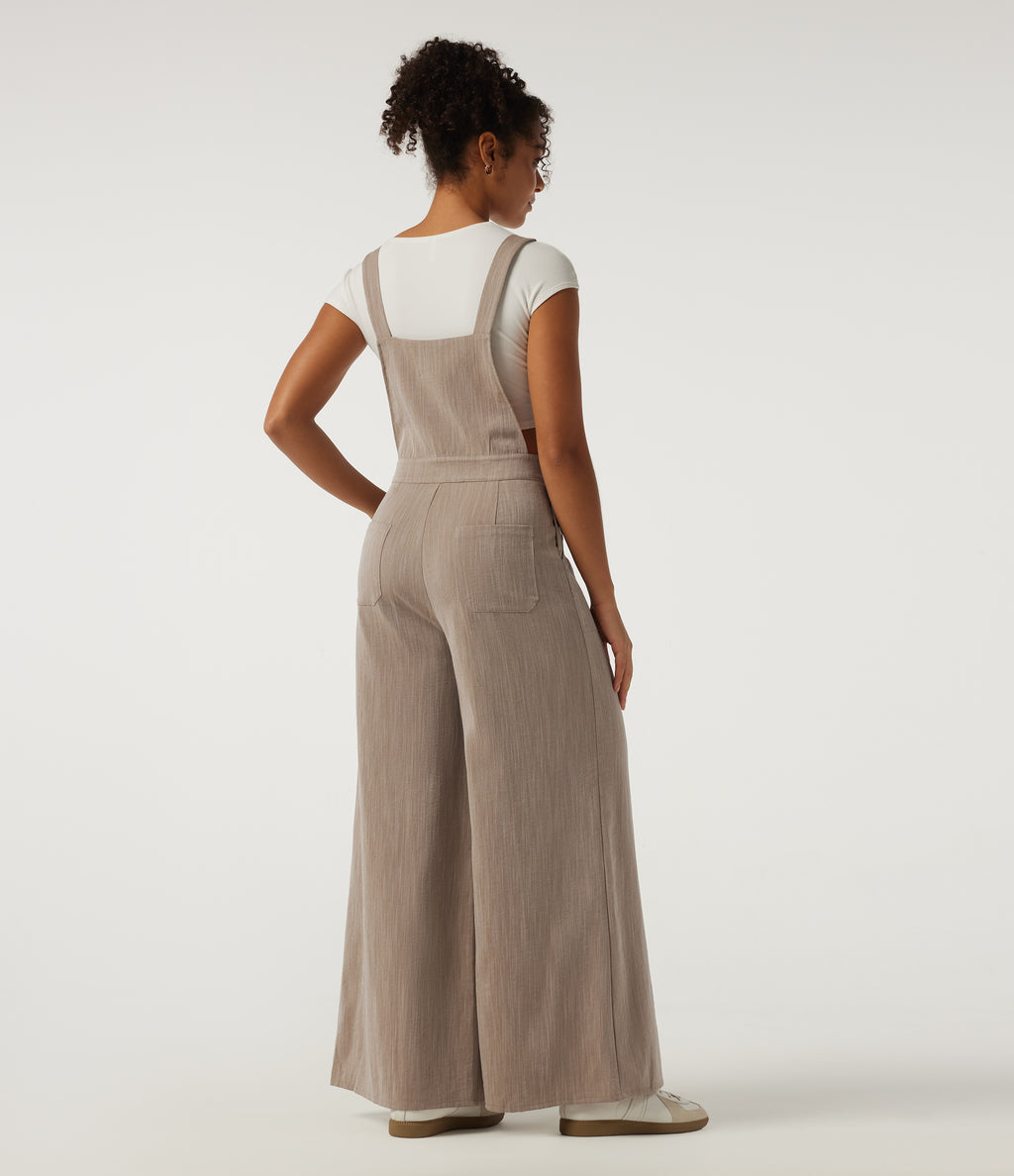 Square Neck Wide Leg Linen-Feel Casual Dungarees with Pockets — Caramel Beige — view 2