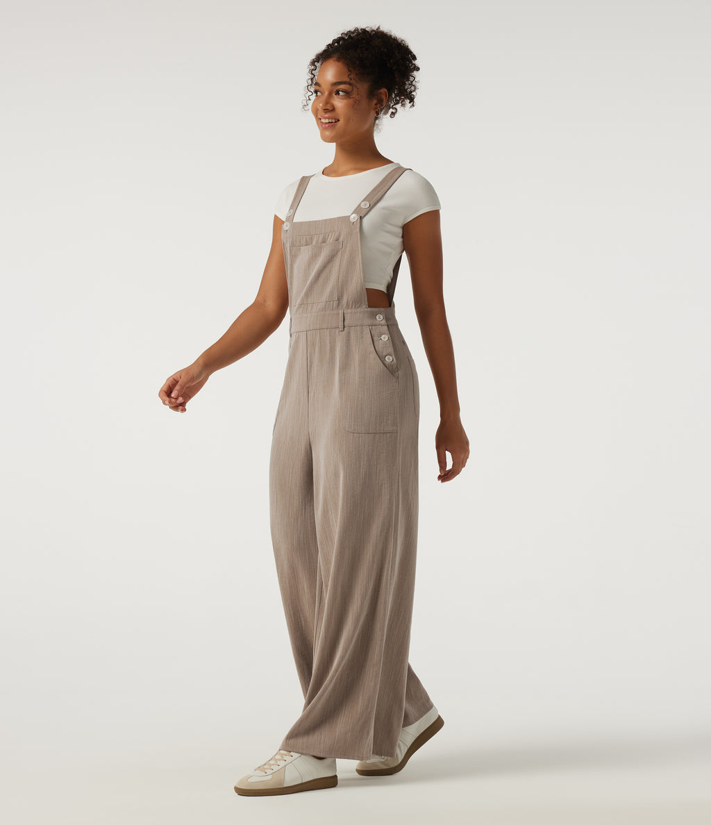 Square Neck Wide Leg Linen-Feel Casual Dungarees with Pockets — Caramel Beige — view 3