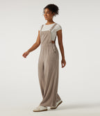 Square Neck Wide Leg Linen-Feel Casual Dungarees with Pockets — Caramel Beige — view 3