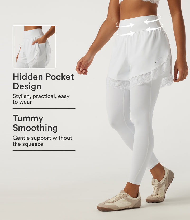 Airy High Waisted Tummy Control Skinny Contrast Lace InstantCool Dance Leggings with Pockets — White — view 1