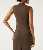 V Neck Sleeveless Split Hem Work Midi Dress — Chestnut — view 7