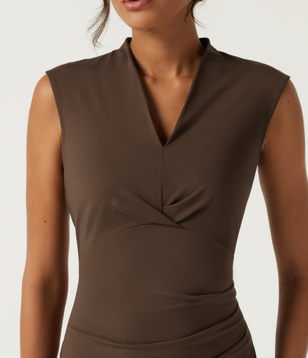 V Neck Sleeveless Split Hem Work Midi Dress — Chestnut — view 4