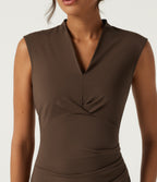 V Neck Sleeveless Split Hem Work Midi Dress — Chestnut — view 4