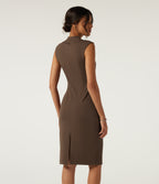 V Neck Sleeveless Split Hem Work Midi Dress — Chestnut — view 2