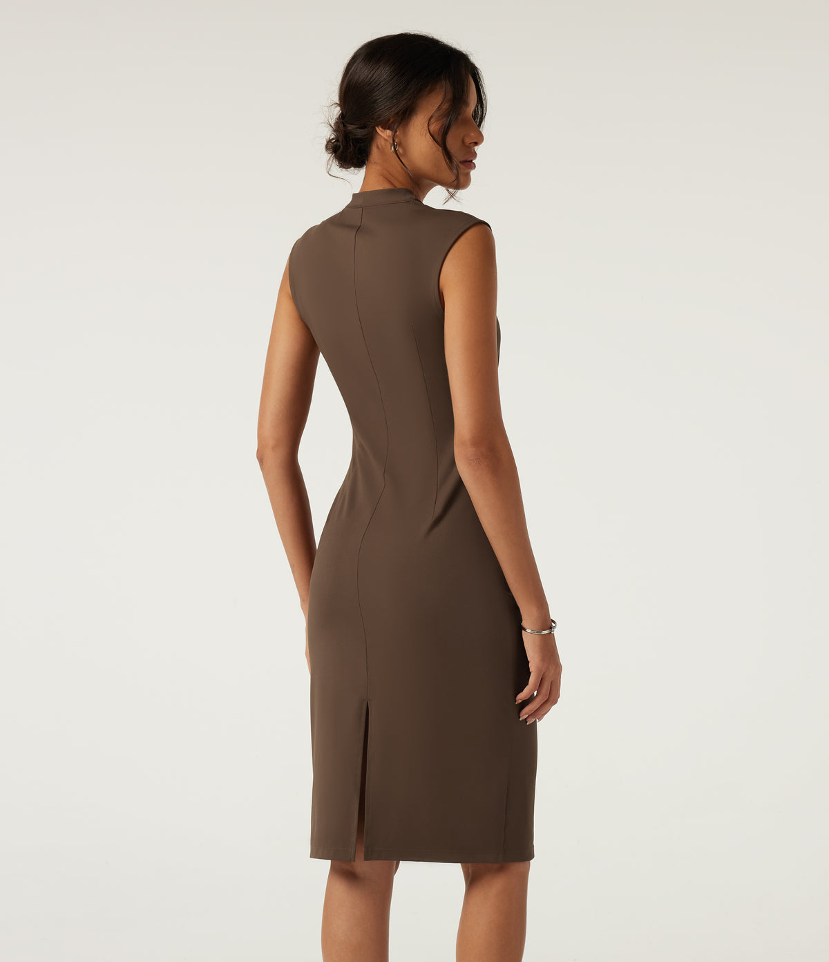 V Neck Sleeveless Split Hem Work Midi Dress — Chestnut — view 2