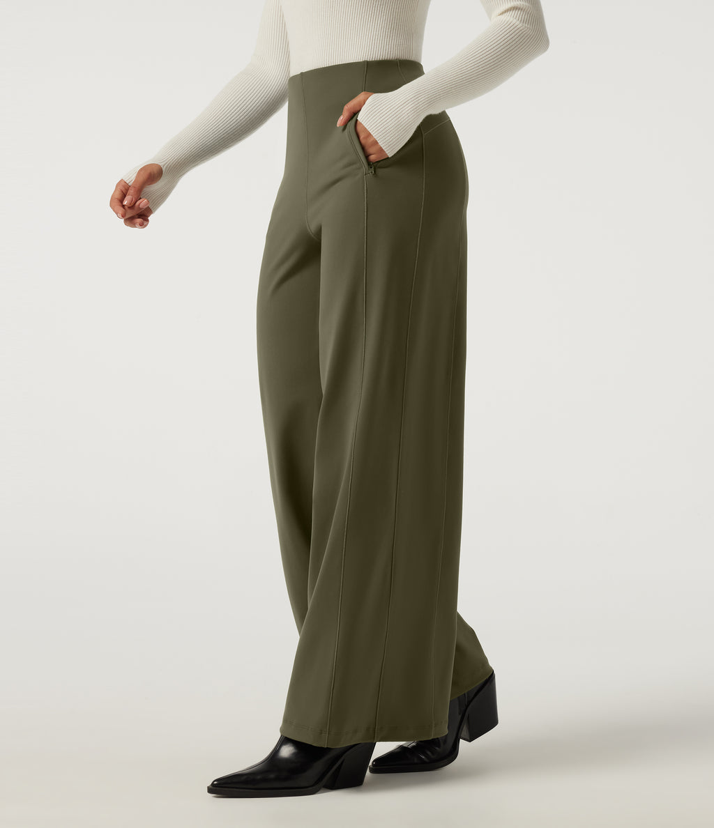 High Waisted Wide Leg Work Trousers with Pockets — Ivy Green — view 3