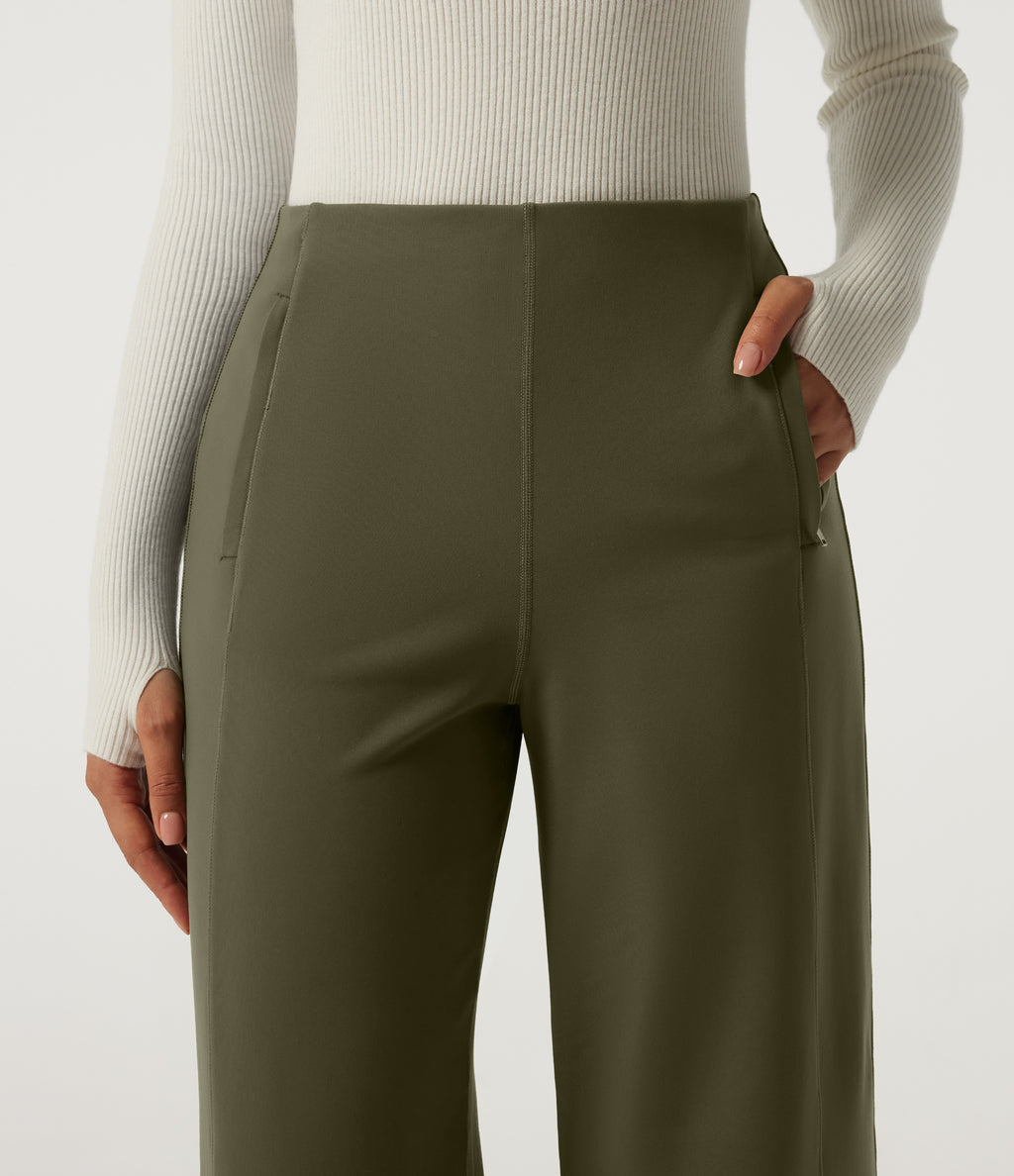 High Waisted Wide Leg Work Trousers with Pockets — Ivy Green — view 5