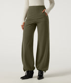 High Waisted Wide Leg Work Trousers with Pockets — Ivy Green — view 4