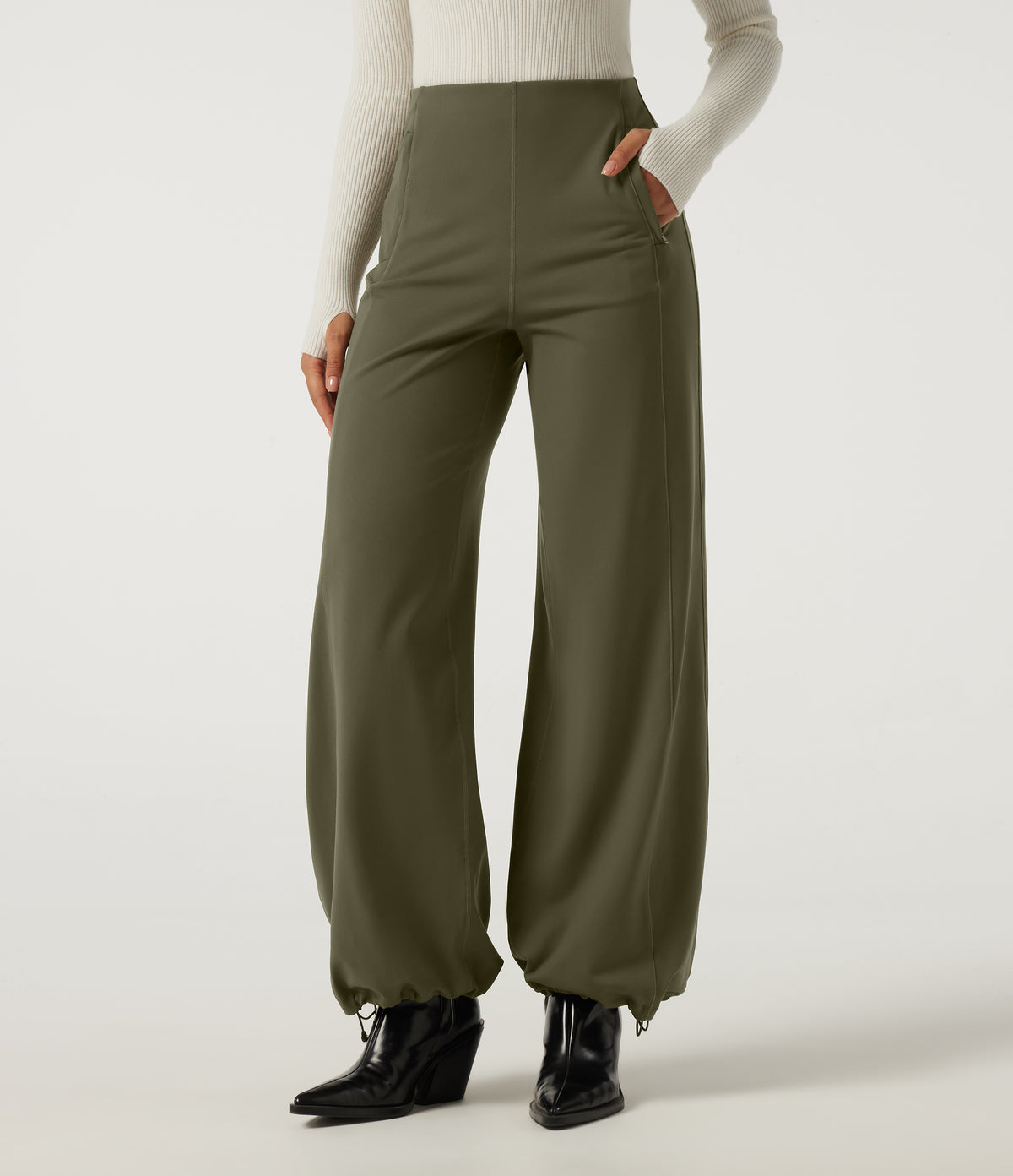 High Waisted Wide Leg Work Trousers with Pockets — Ivy Green — view 4
