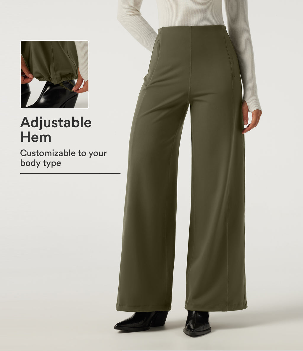 High Waisted Wide Leg Work Trousers with Pockets — Ivy Green — view 1