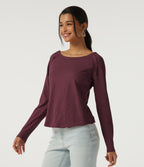 Boat Neck Long Sleeve Cotton Casual Top — Maroon Banner — view 3