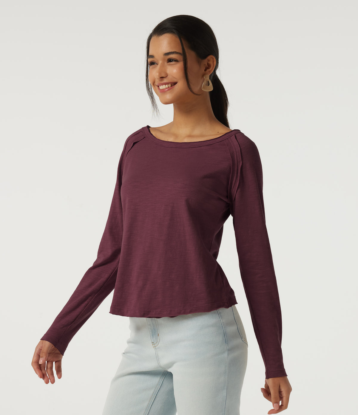 Boat Neck Long Sleeve Cotton Casual Top — Maroon Banner — view 3