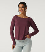 Boat Neck Long Sleeve Cotton Casual Top — Maroon Banner — view 4