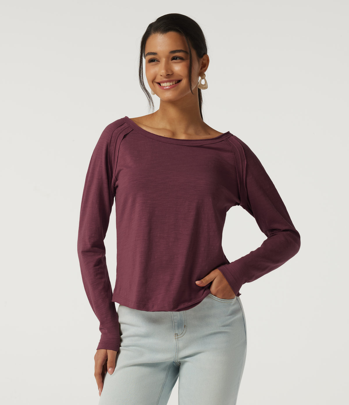 Boat Neck Long Sleeve Cotton Casual Top — Maroon Banner — view 4