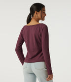Boat Neck Long Sleeve Cotton Casual Top — Maroon Banner — view 2