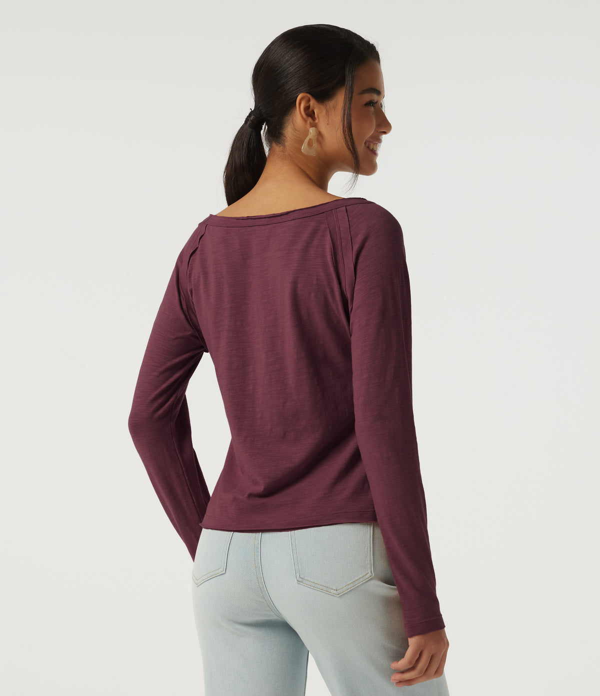 Boat Neck Long Sleeve Cotton Casual Top — Maroon Banner — view 2