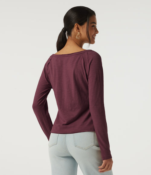 Boat Neck Long Sleeve Cotton Casual Top — Maroon Banner — view 2