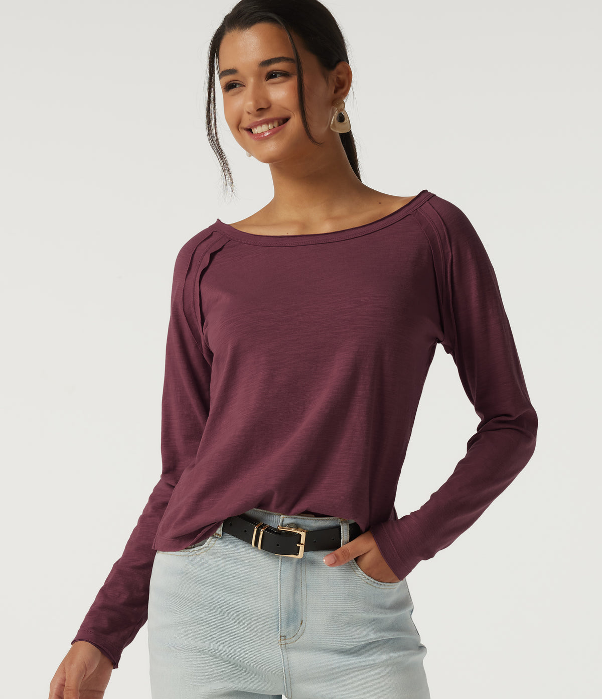 Boat Neck Long Sleeve Cotton Casual Top — Maroon Banner — view 1