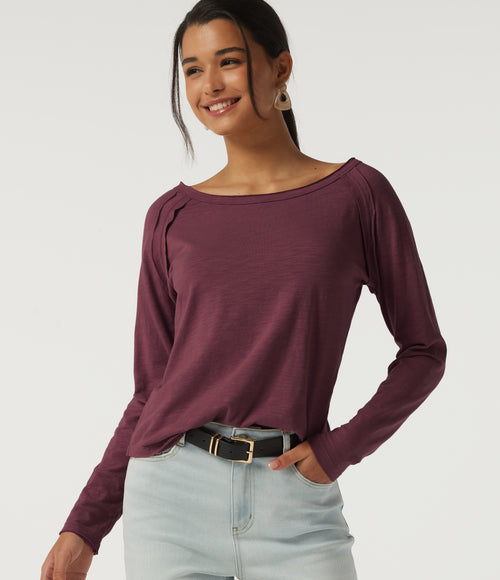 Boat Neck Long Sleeve Cotton Casual Top — Maroon Banner — view 1