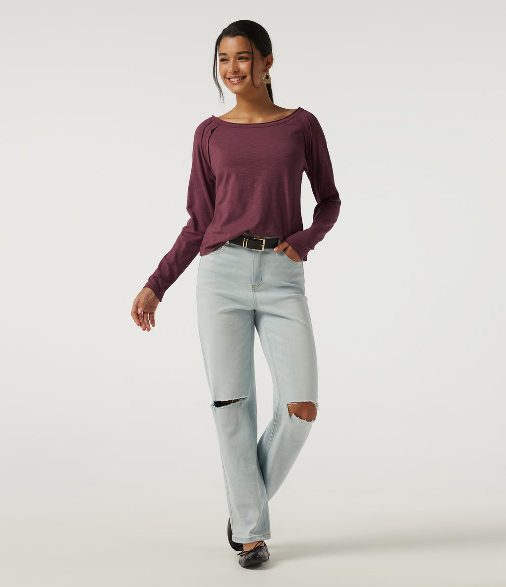 Boat Neck Long Sleeve Cotton Casual Top — Maroon Banner — view 7