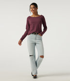 Boat Neck Long Sleeve Cotton Casual Top — Maroon Banner — view 7