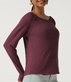 Boat Neck Long Sleeve Cotton Casual Top — Maroon Banner — view 5