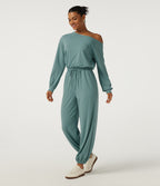 One Shoulder Long Sleeve Drawstring Casual Jumpsuit with Pockets - Edition — Azure — view 3