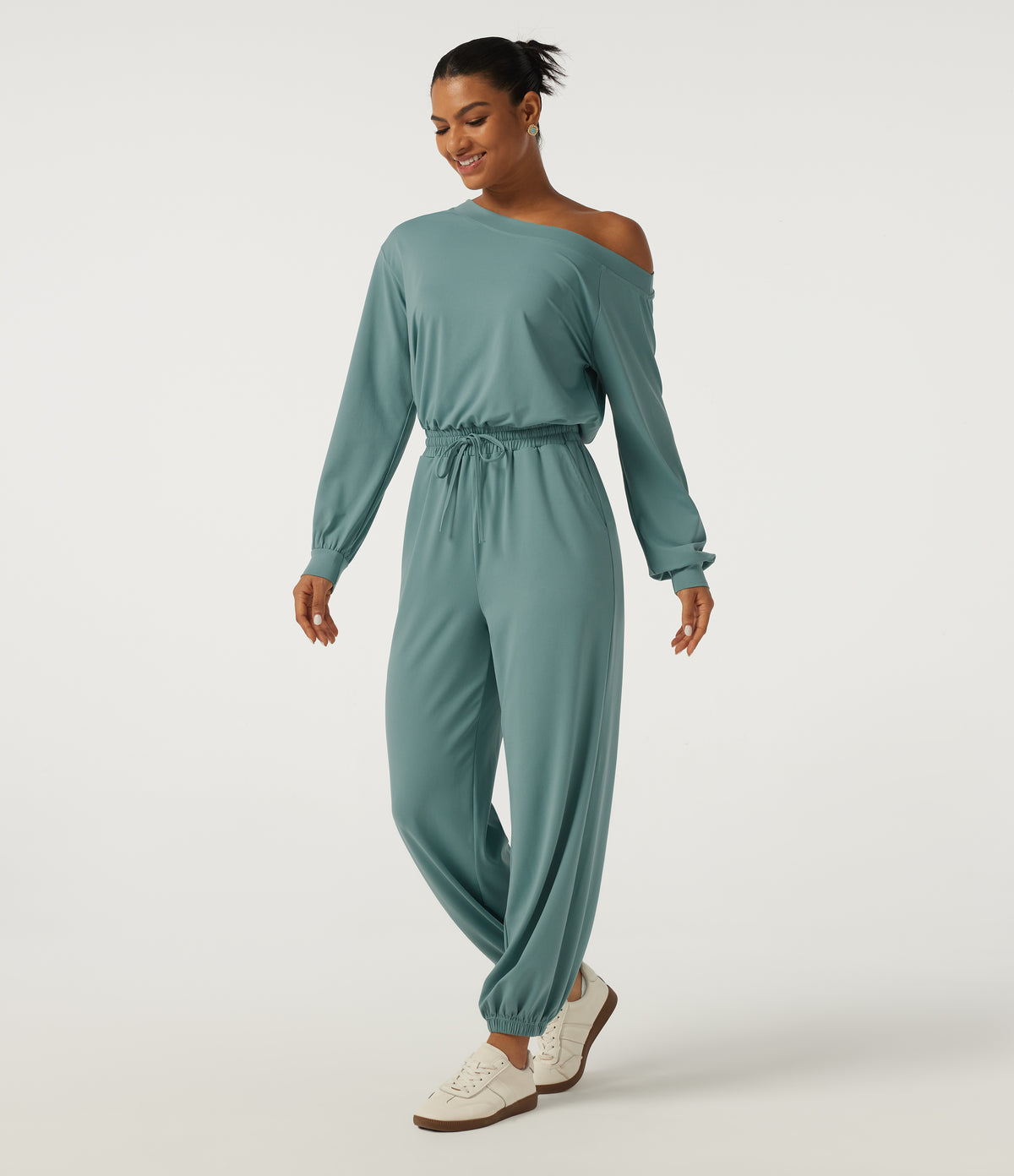 One Shoulder Long Sleeve Drawstring Casual Jumpsuit with Pockets - Edition — Azure — view 3