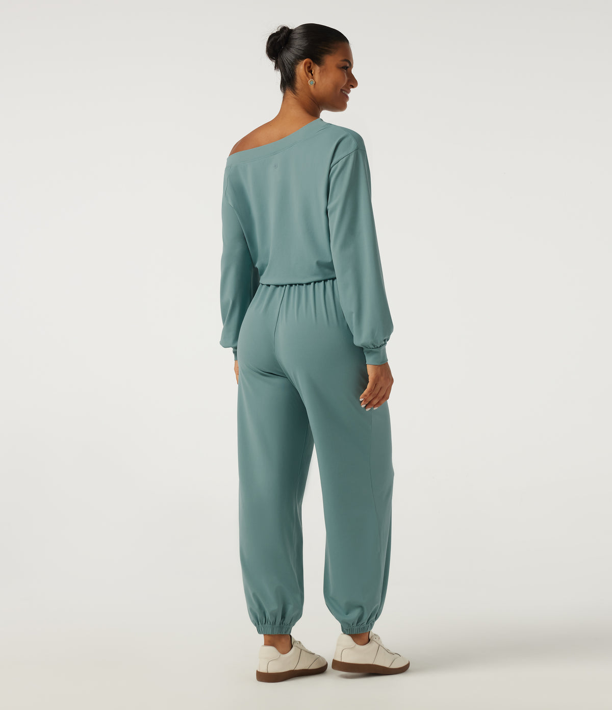 One Shoulder Long Sleeve Drawstring Casual Jumpsuit with Pockets - Edition — Azure — view 2