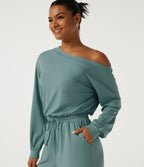 One Shoulder Long Sleeve Drawstring Casual Jumpsuit with Pockets - Edition — Azure — view 5