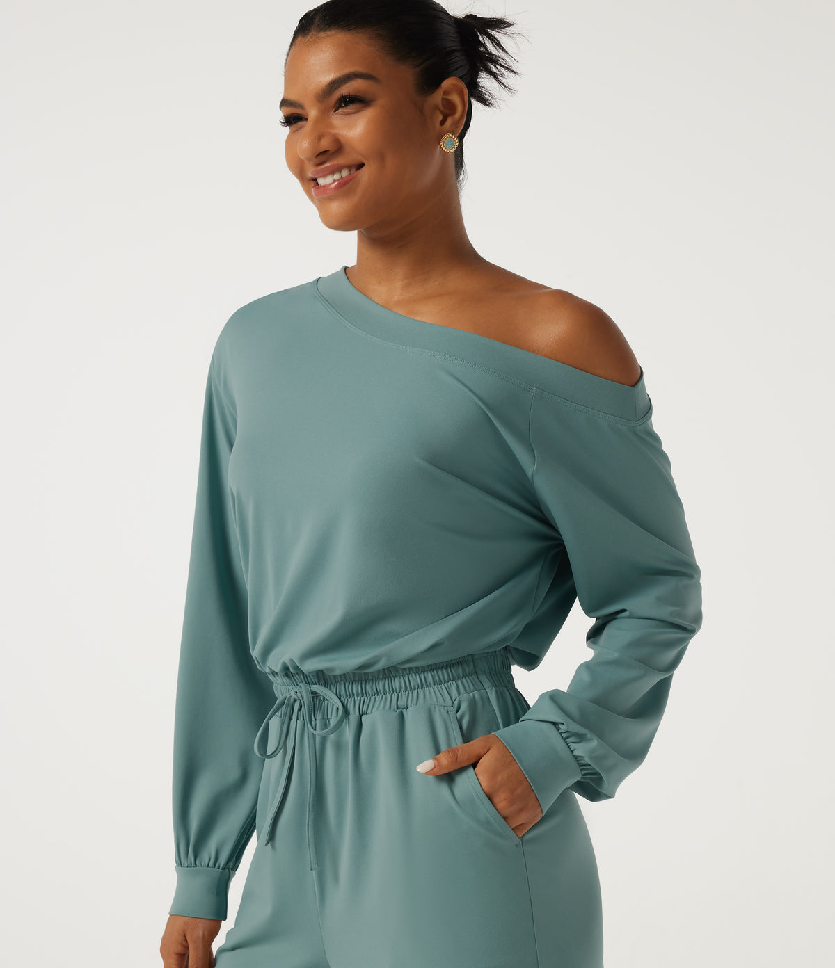 One Shoulder Long Sleeve Drawstring Casual Jumpsuit with Pockets - Edition — Azure — view 5