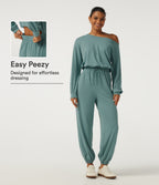 One Shoulder Long Sleeve Drawstring Casual Jumpsuit with Pockets - Edition — Azure — view 1