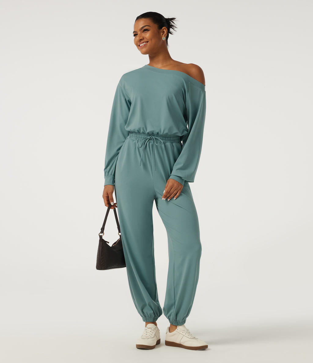 One Shoulder Long Sleeve Drawstring Casual Jumpsuit with Pockets - Edition — Azure — view 8