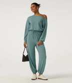 One Shoulder Long Sleeve Drawstring Casual Jumpsuit with Pockets - Edition — Azure — view 8