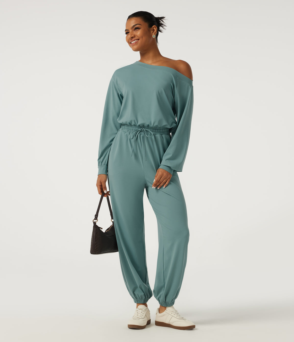 One Shoulder Long Sleeve Drawstring Casual Jumpsuit with Pockets - Edition — Azure — view 8