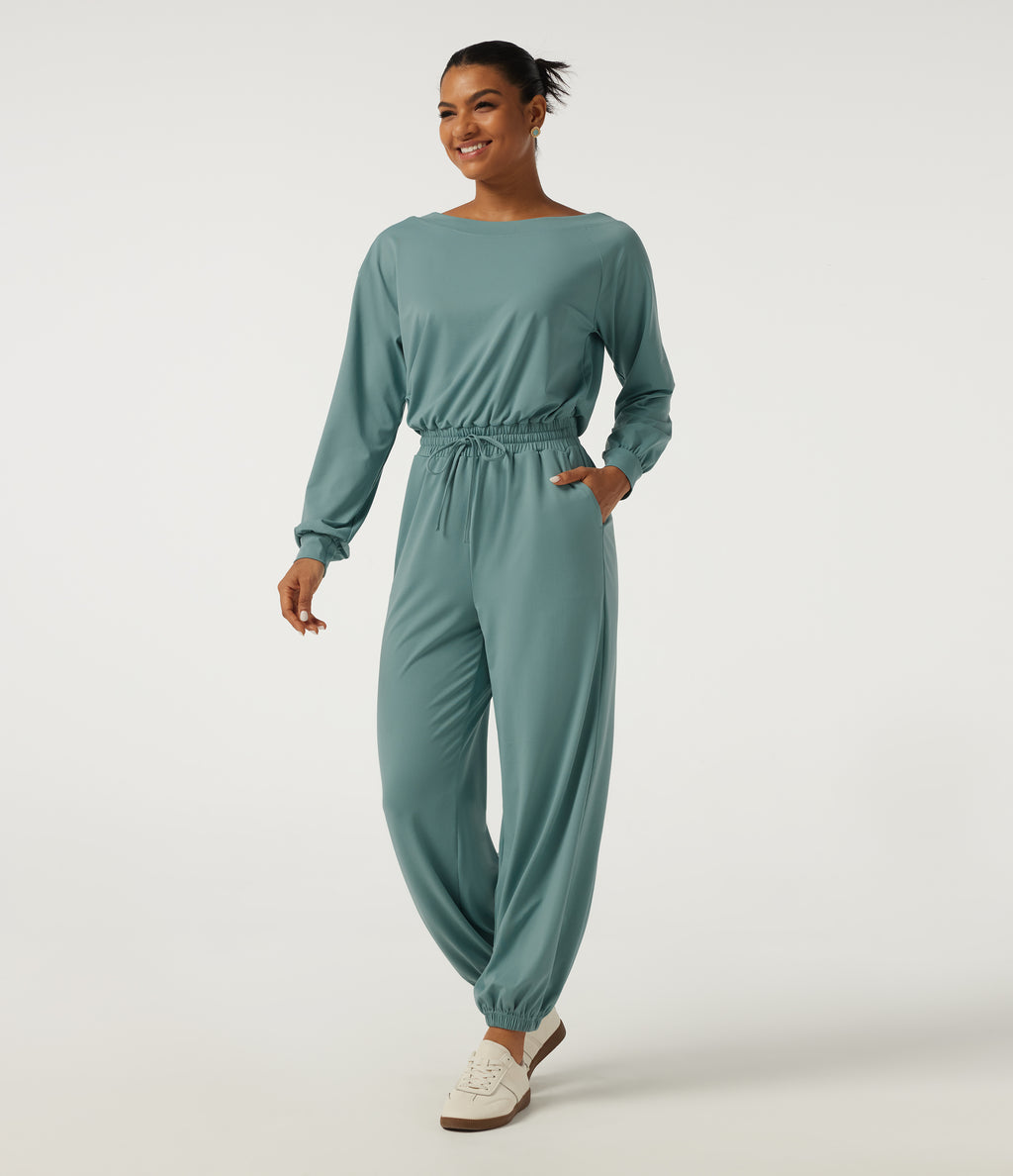 One Shoulder Long Sleeve Drawstring Casual Jumpsuit with Pockets - Edition — Azure — view 4